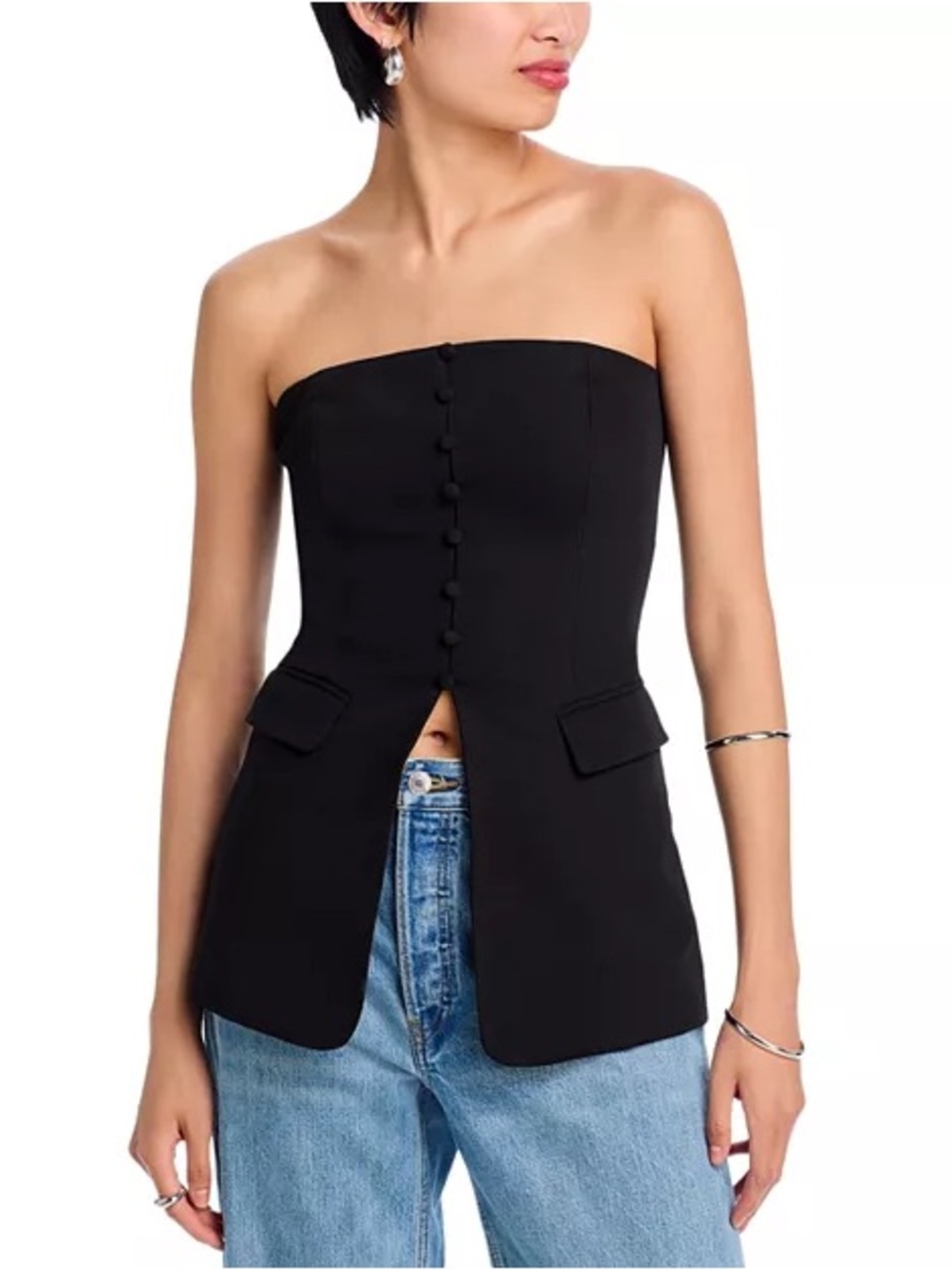 Strapless Black Top with Center Button Front